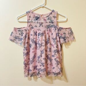 Iz Byer Pink Mesh Floral Cold Shoulder Top